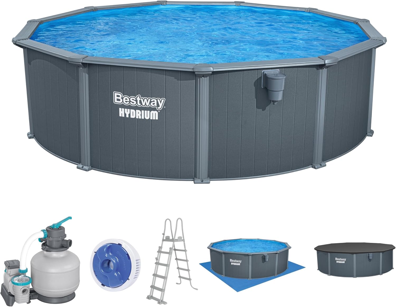 Bestway Hydrium Stahlwandpool Komplett-Set rund 488 × 132 cm Holz-Optik Grau Gartenpool Aufstellpool Sandfilter