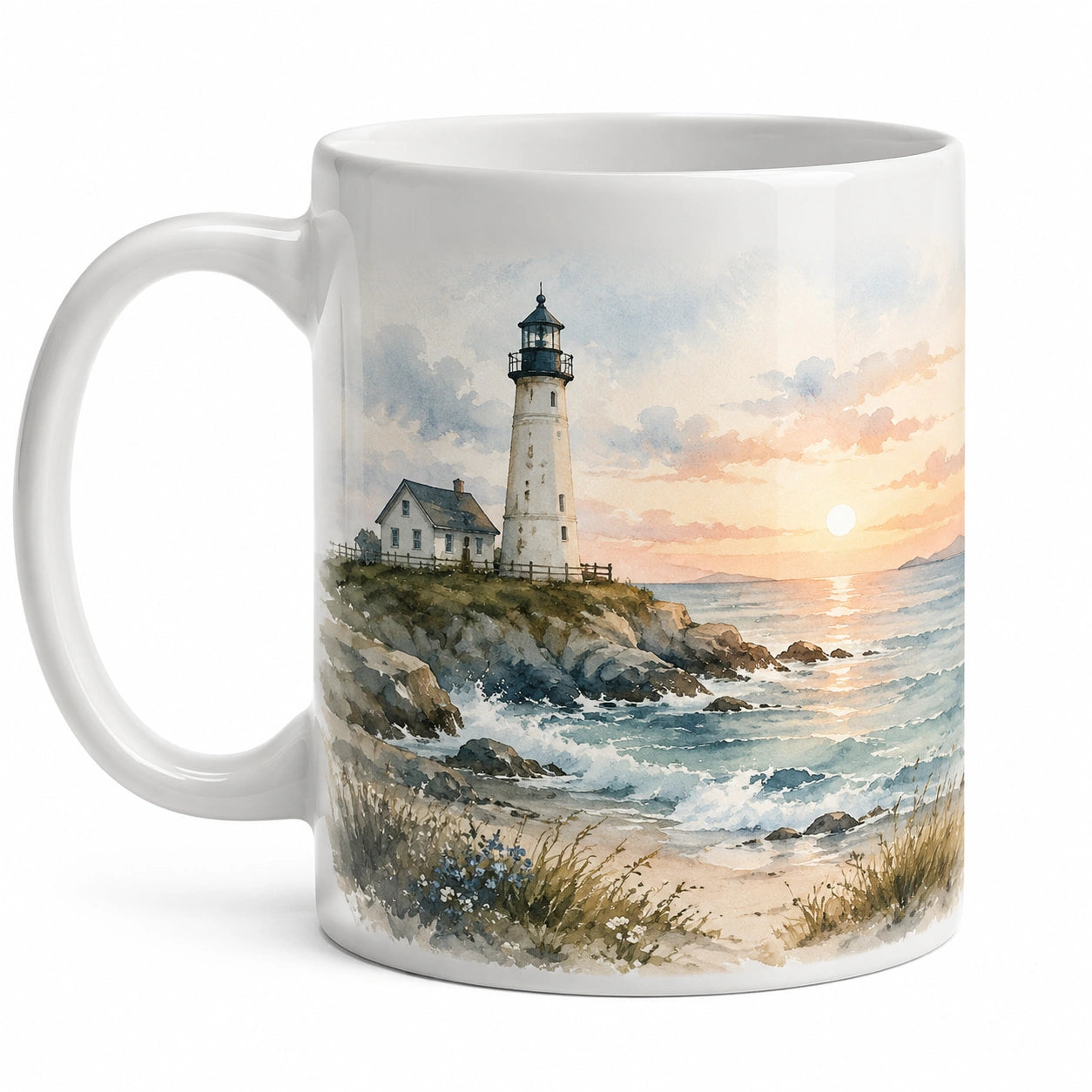 Weiße Keramiktasse mit Leuchtturm-Motiv 350ml