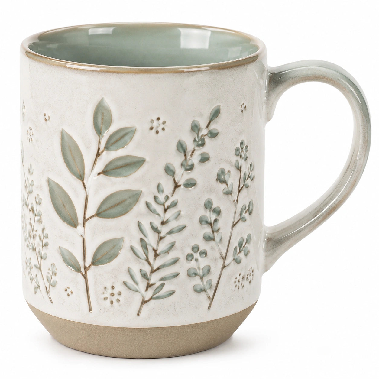 Keramikbecher 360ml mit Relief-Blumenmuster Grün und Beige