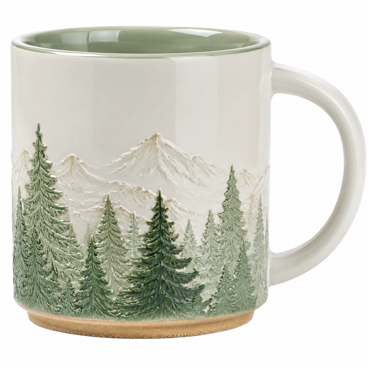 Keramikbecher 360ml mit Wald- und Bergrelief, Grün/Beige