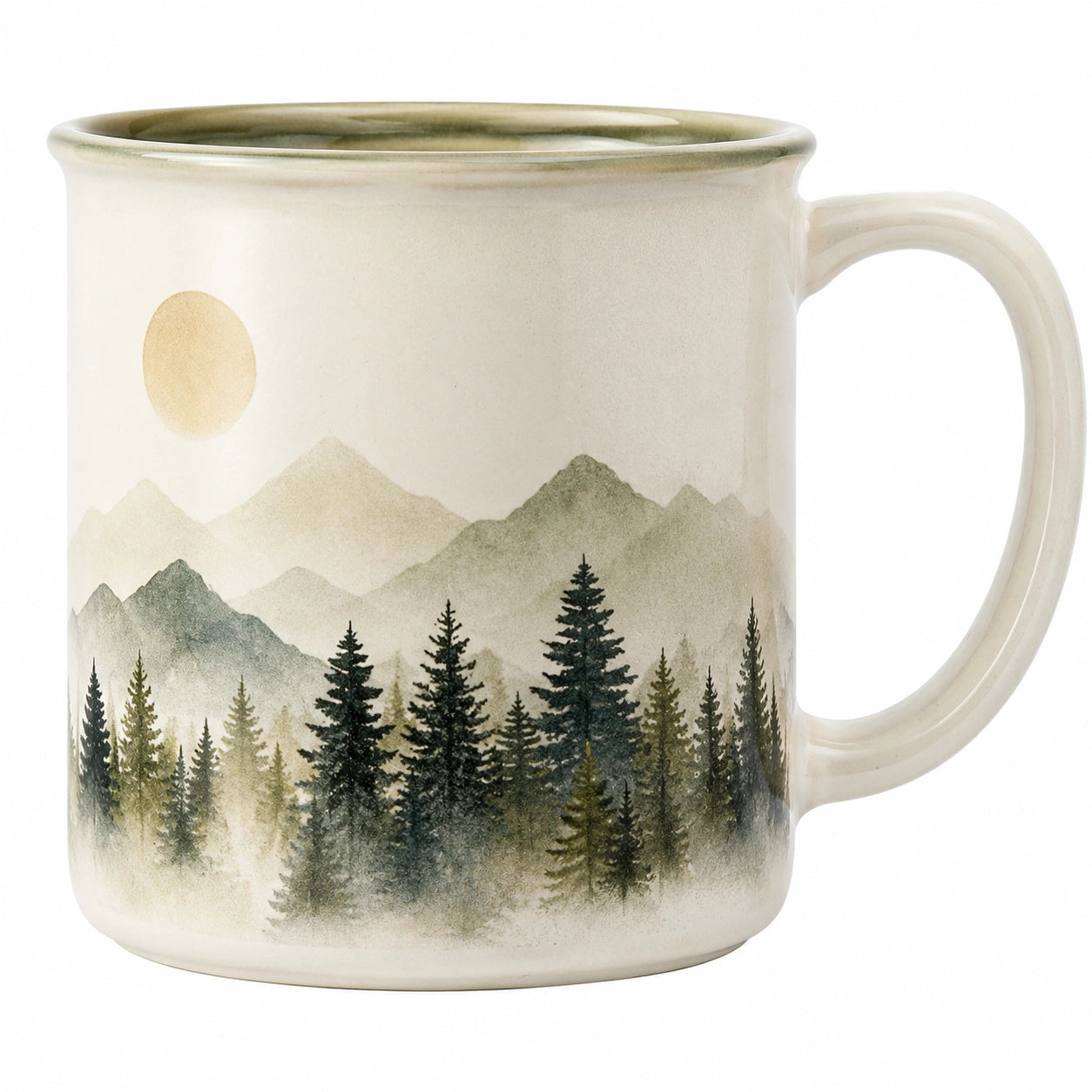 Keramikbecher mit Landschaftsmotiv 400 ml, Wald und Berge, Creme