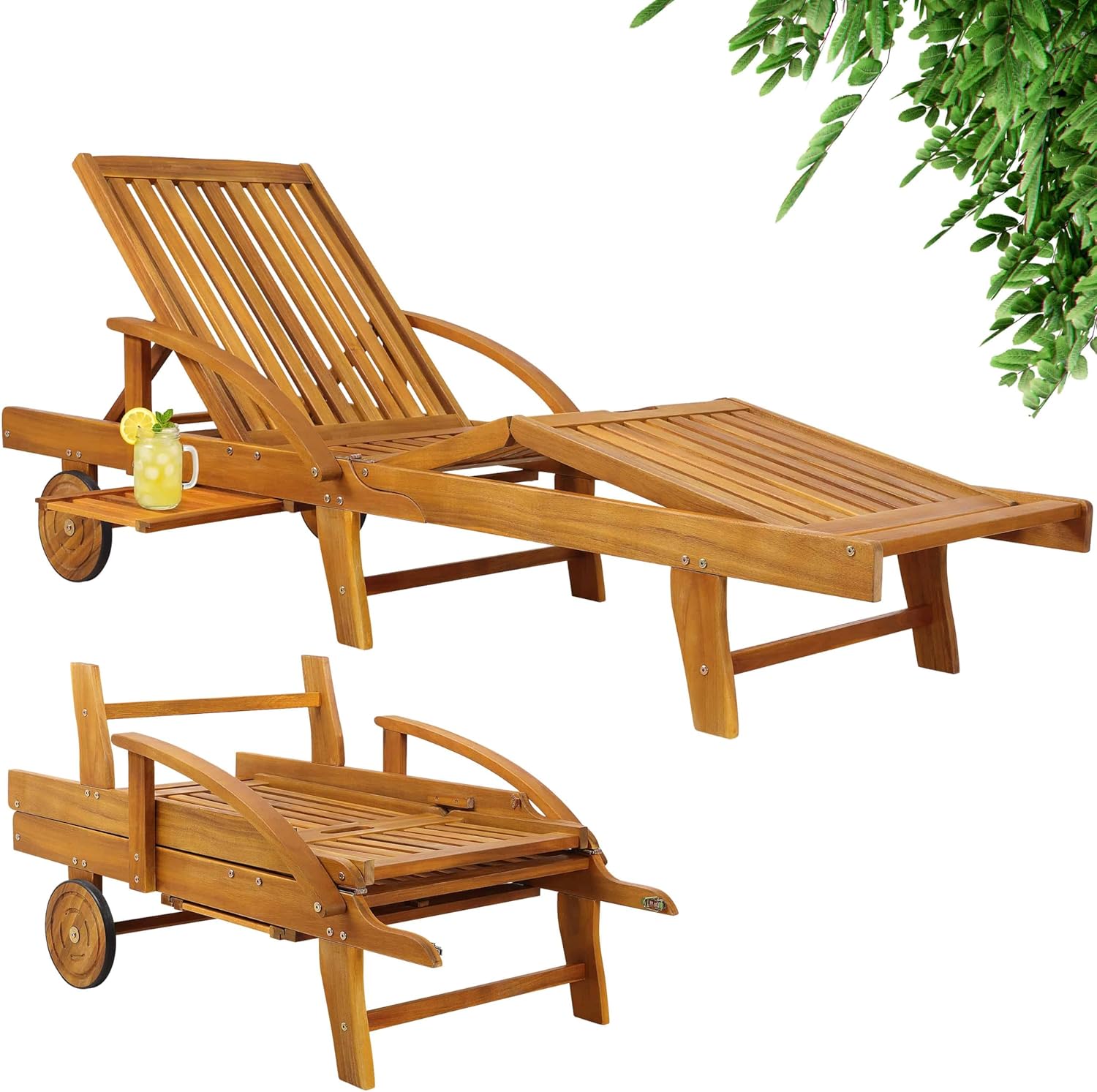 Casaria Sonnenliege Klappbar Wetterfest Holz Gartenliege 160 kg Belastbar mit 2 Räder Ablage Tisch Liegestuhl Verstellbare Rücken- Fußlehne Garten 196
