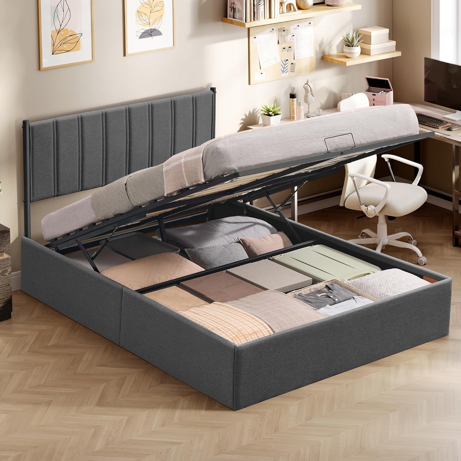 VASAGLE Bettgestell, 140 × 200 cm, Dunkelgrau RMB614G02, Bett, Klappbar Lattenrost, Unterbettaufbewahrung, Kopfteil, Hydrauliksystem, Modern