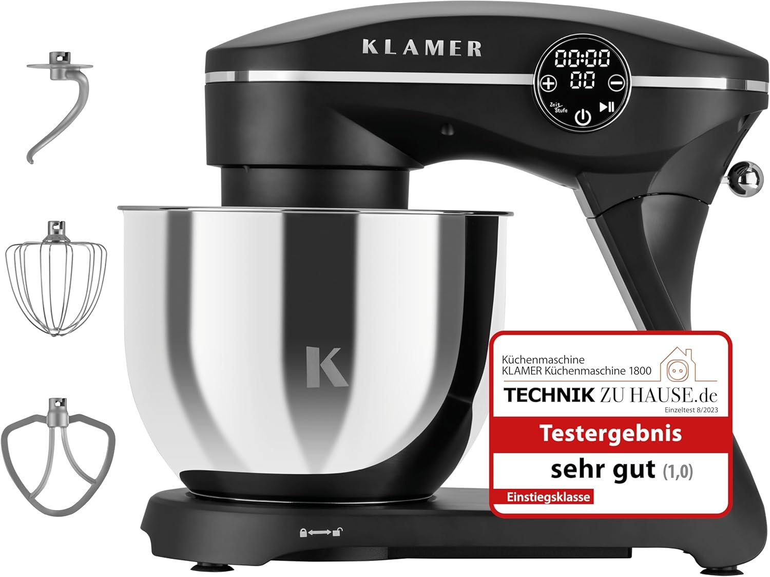KLAMER Küchenmaschine 1800 W, Knetmaschine Brotteig mit Edelstahl-Rührschüssel 6 l, Schwarz, 10 Stufen mit Timer, Planetenrührwerk