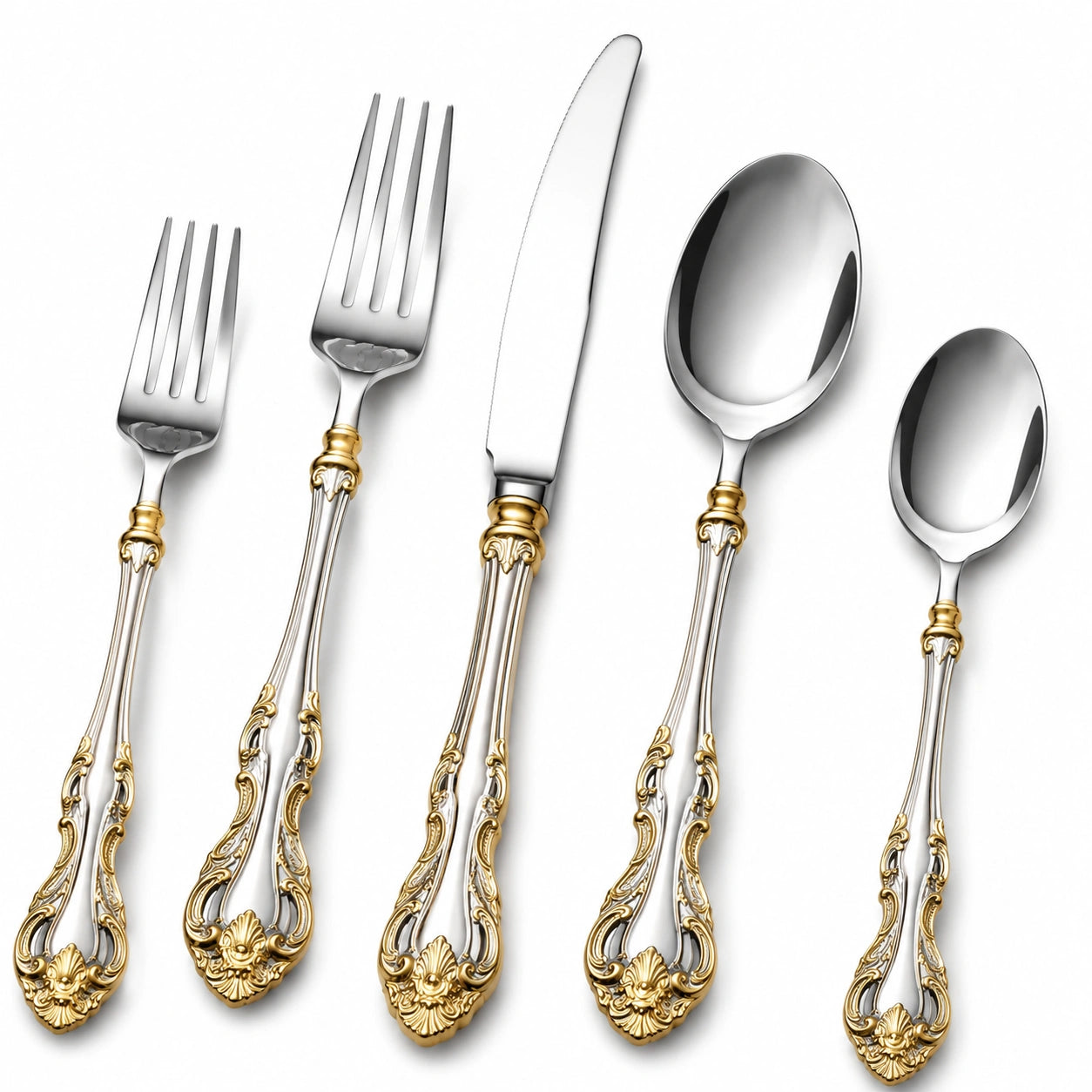 Elegantes Besteckset mit Goldverzierung, Silber/Gold