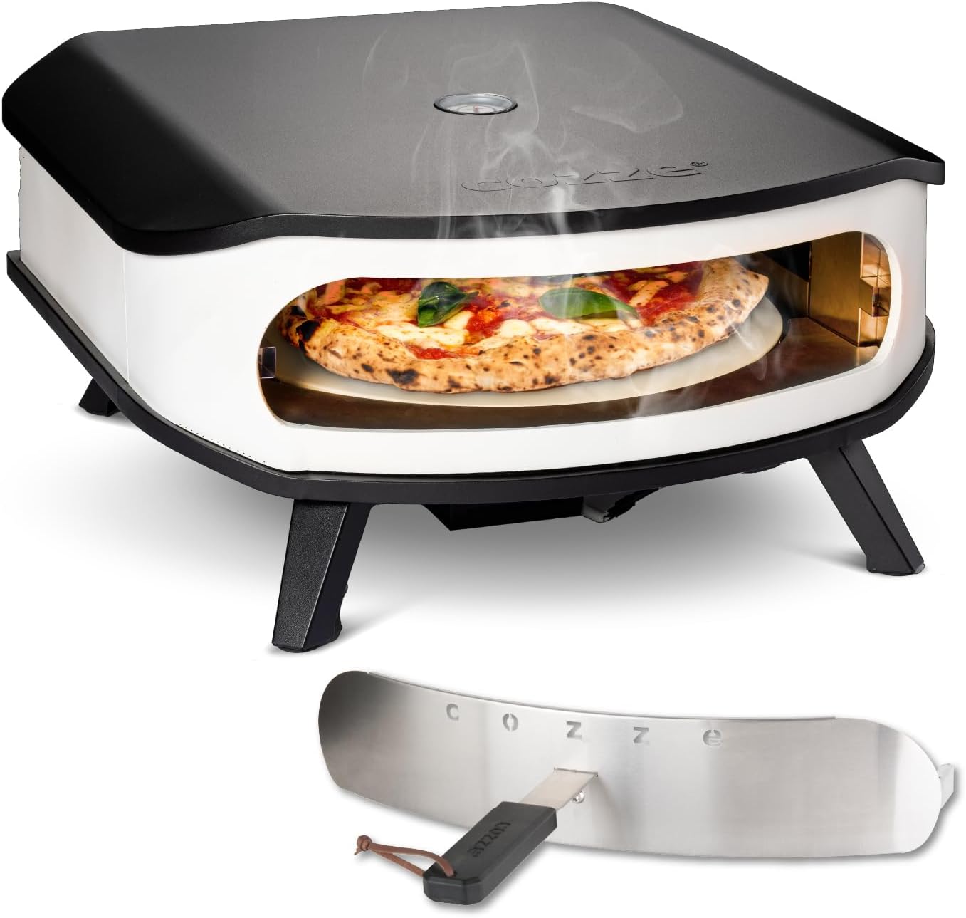 Cozze 17' Gas-Pizzaofen mit rotierendem Pizzastein, Inkl. Regler & 1,1 m Gasschlauch, Ø42,5 cm Stein, LED & Tür, 50 mbar, Outdoor Pizzaofen
