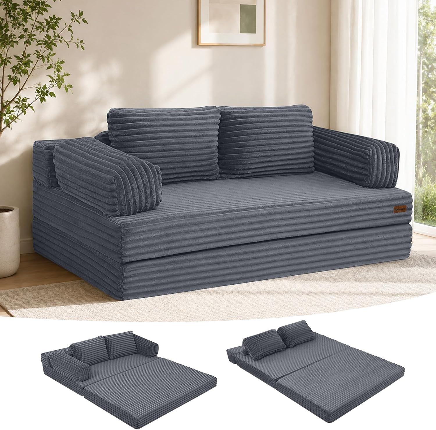MeMoreCool Schlafsofa Cord, Grau, Klappbares Bequemes Bodensofa mit schlaffunktion, Boneless Couch mit Kissen für Schlafzimmer