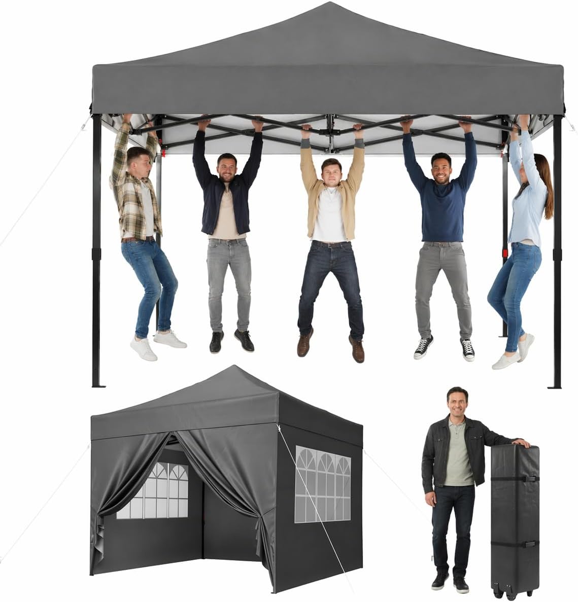 Aoxun Faltpavillon 3 × 3 m Wasserdicht Stabil, UV-Schutz 50+ Gartenzelt Inkl. Rolltasche, Grau, Pop Up Pavillon mit Seitenwänden, Sandbags, Strand