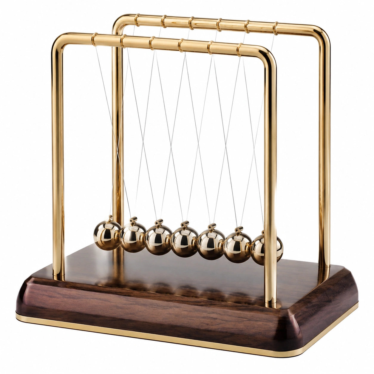 Goldenes Schreibtischpendel mit Metallkugeln und Holzsockel
