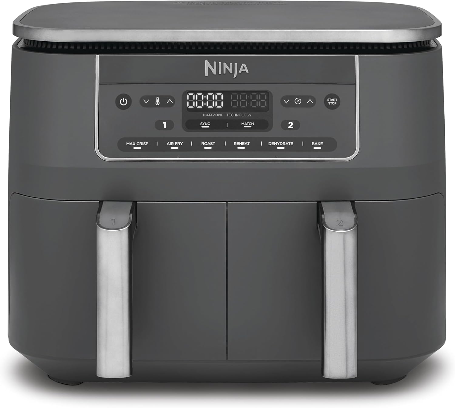 Ninja Dual Zone Digital Air Fryer, Metallic Grau DZ300EU, Heißluftfritteuse ohne Öl, 7,6 l, 2 Schubladen, 6-in-1, Heißluft-Frittieren, Max Crisp