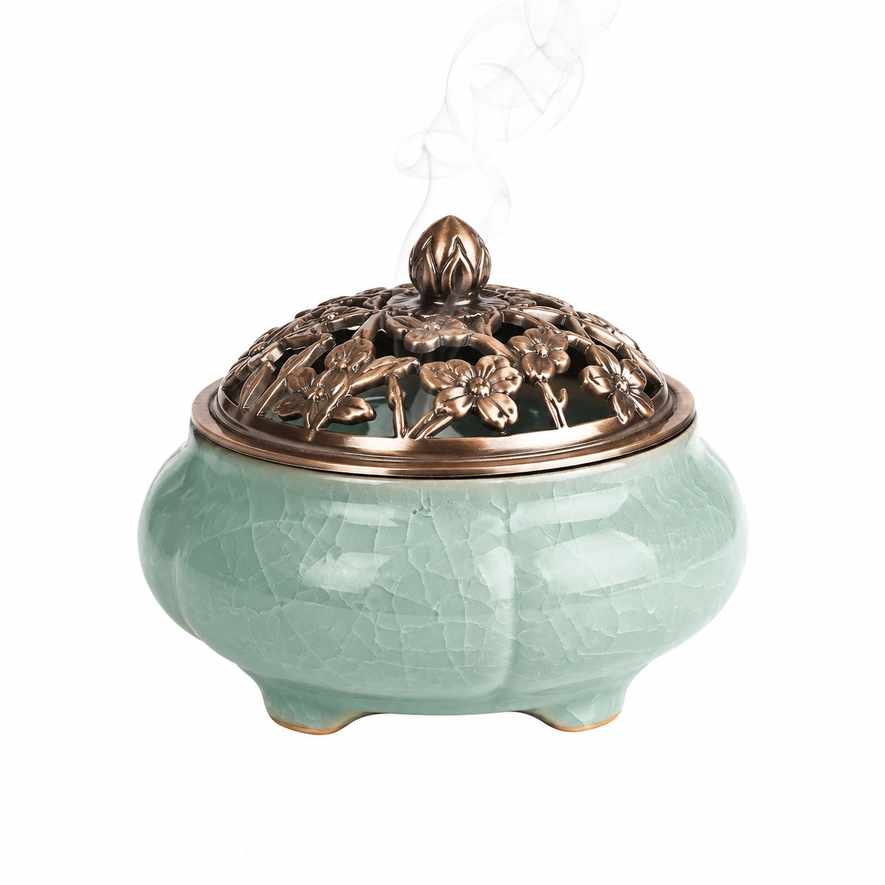 Handgefertigtes Keramik-Räuchergefäß mit Blumenmuster, Grün/Bronze