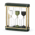 Sanduhr-Set für dreifache Zeitmessung mit Glasrahmen und Marmorsockel in Grün/Gold