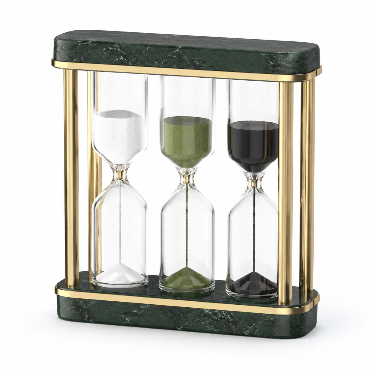 Sanduhr-Set für dreifache Zeitmessung mit Glasrahmen und Marmorsockel in Grün/Gold