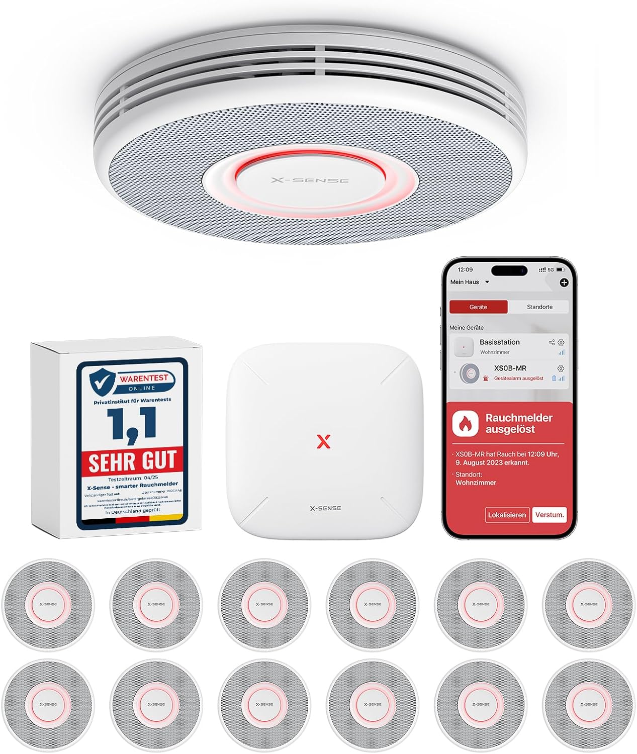 X-Sense Smarter Rauchmelder WLAN mit Sprachausgabe und 17 Standorten, 33 mm, Brandmelder mit SBS50 Basisstation, XS0B-MR121,12 Stück