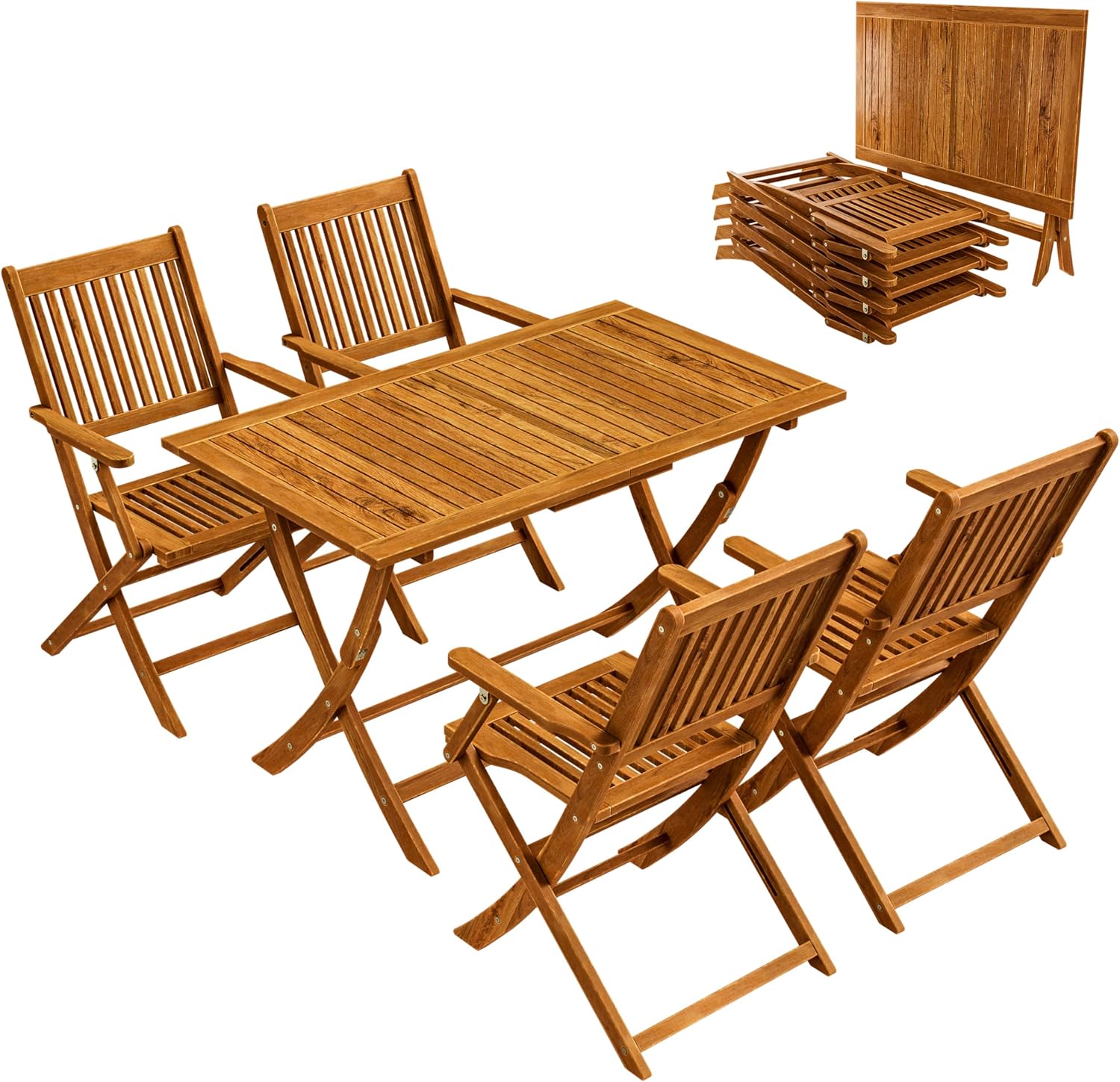 Casaria Gartenmöbel Set Wetterfest Klappbar Akazie 5-TLG. FSC-Zertifiziert Holz Armlehne 160 kg Belastbarkeit Garten Terrasse Balkonmöbel 120 × 70 cm