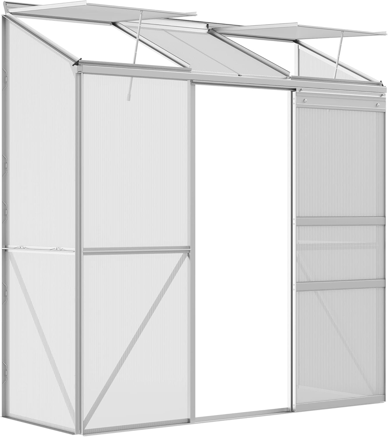 Outsunny Gewächshaus aus Polycarbonat und Alu mit Schiebetür, 192 × 68 × 196 cm, Silber, Aufklappbaren Dachfenstern