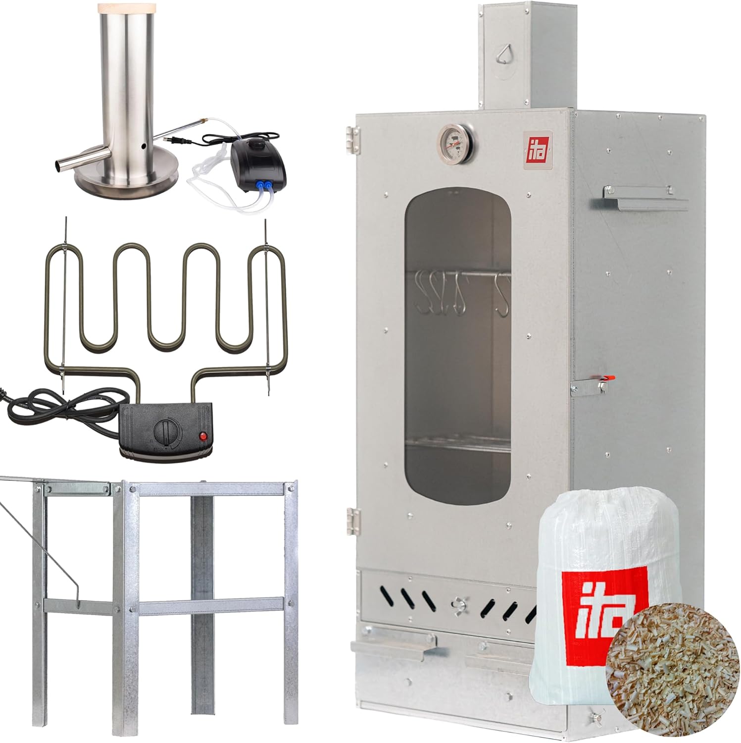 ITA Räucherofen 7012, Smoker Set mit Rauchgenerator, Heizelement, Tisch & Räucherspänen, Räucherschrank mit 3 Etagen, Legierter Stahl