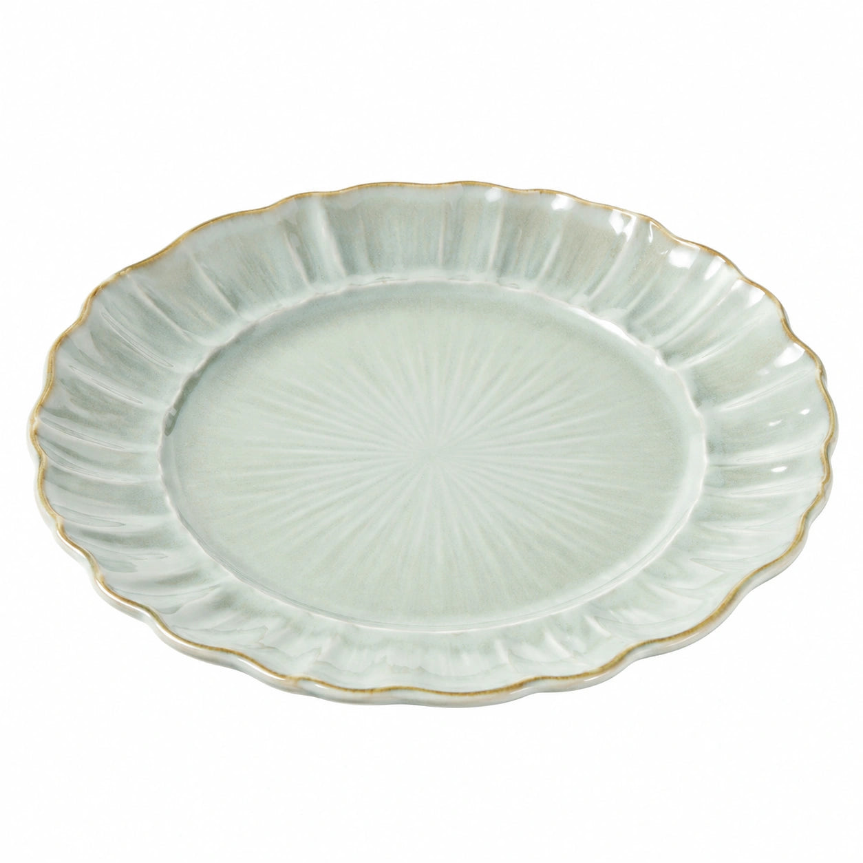 Eleganter ovaler Keramikteller mit goldener Kante, Grün, 30 cm