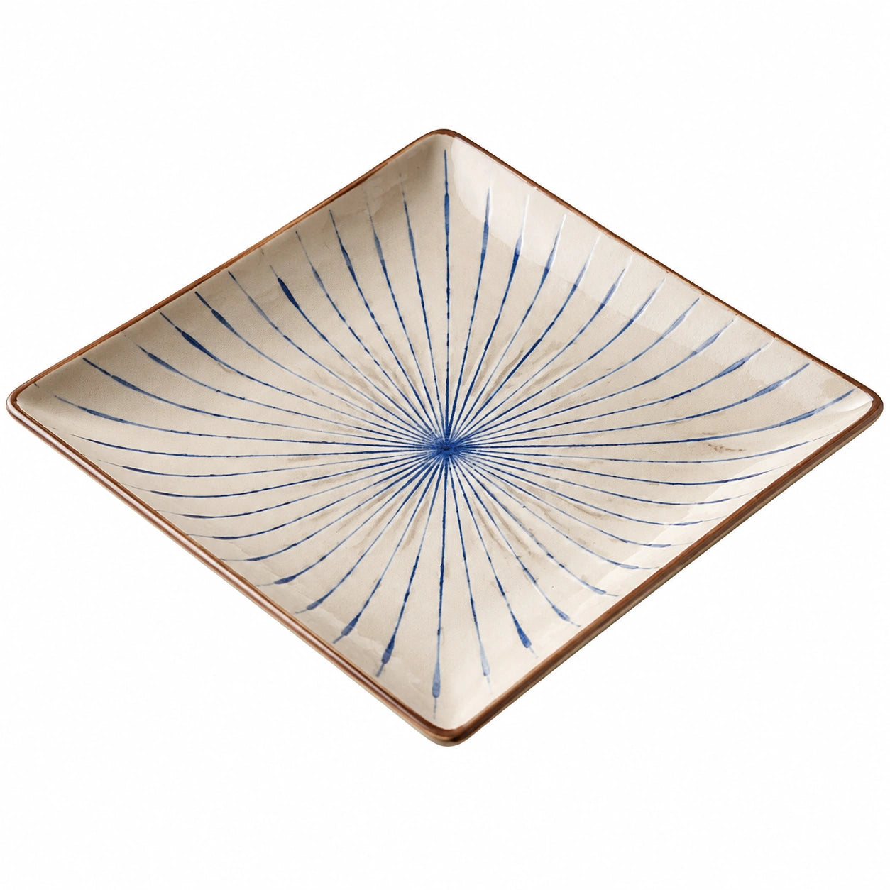 Quadratischer Keramikteller 25x25cm Blau/Beige mit Radialem Muster