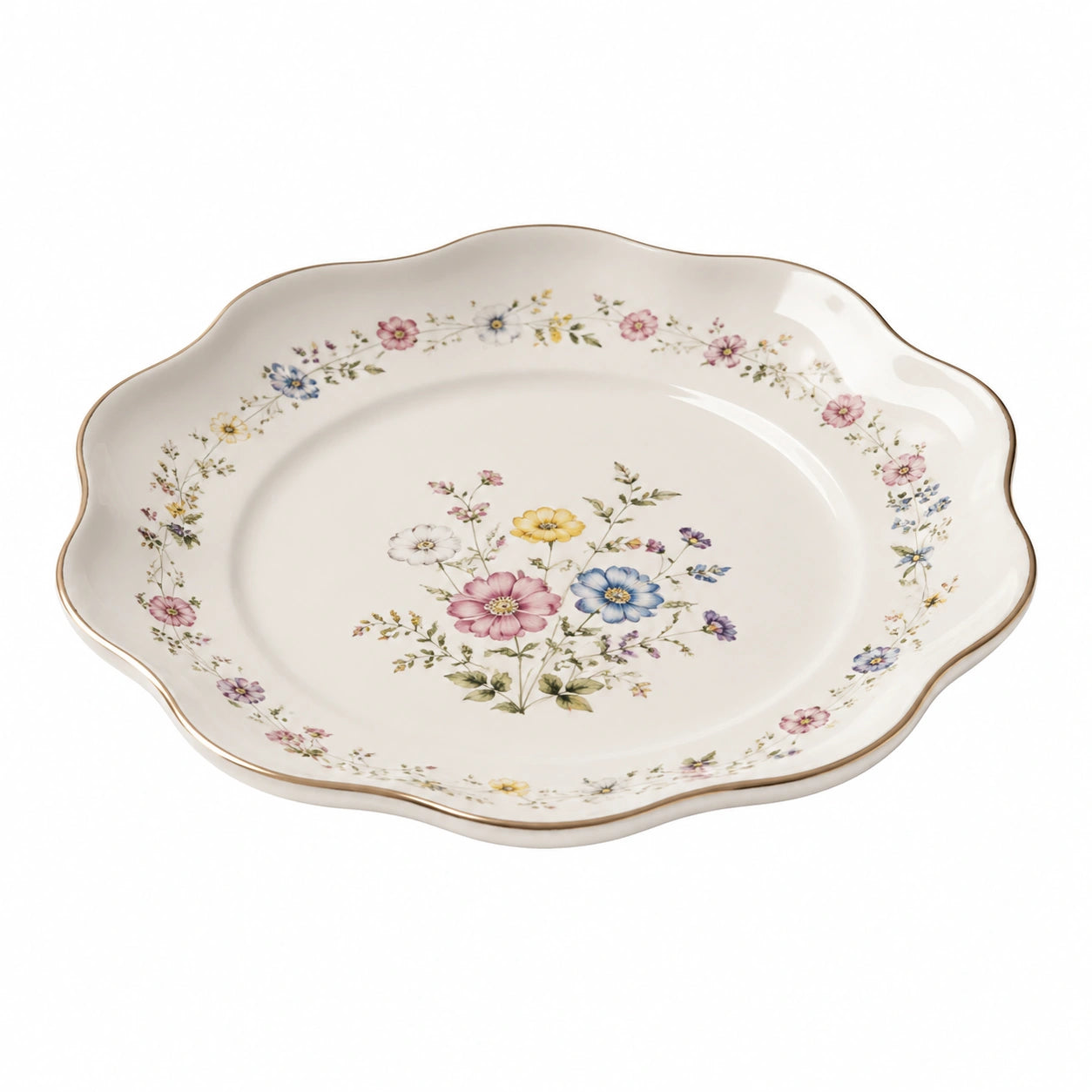 Porzellanteller mit Blumen, Wellenrand 30cm, Creme/Mehrfarbig