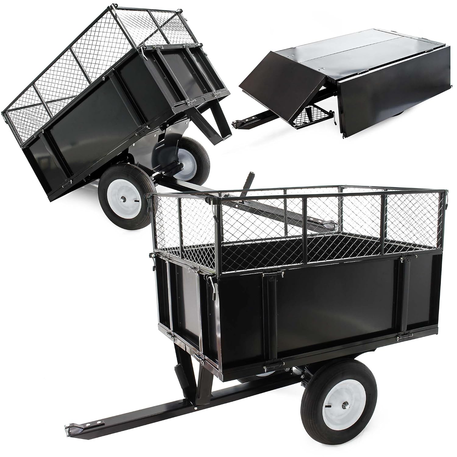 Wiltec Kippanhänger 166,5 × 77,5 × 106 cm 300 kg, Anhänger Kipper für Rasentraktor mit Gitter u. abnehmbaren Seitenwänden, Anhänger mit Kippfunktion