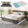 Juskys Polsterbett Nizza 180 × 200 cm mit Matratze, Grau, Bettgestell mit Lattenrost, Stauraum & LED Beleuchtung, Samtbezug, Chesterfield-Steppung