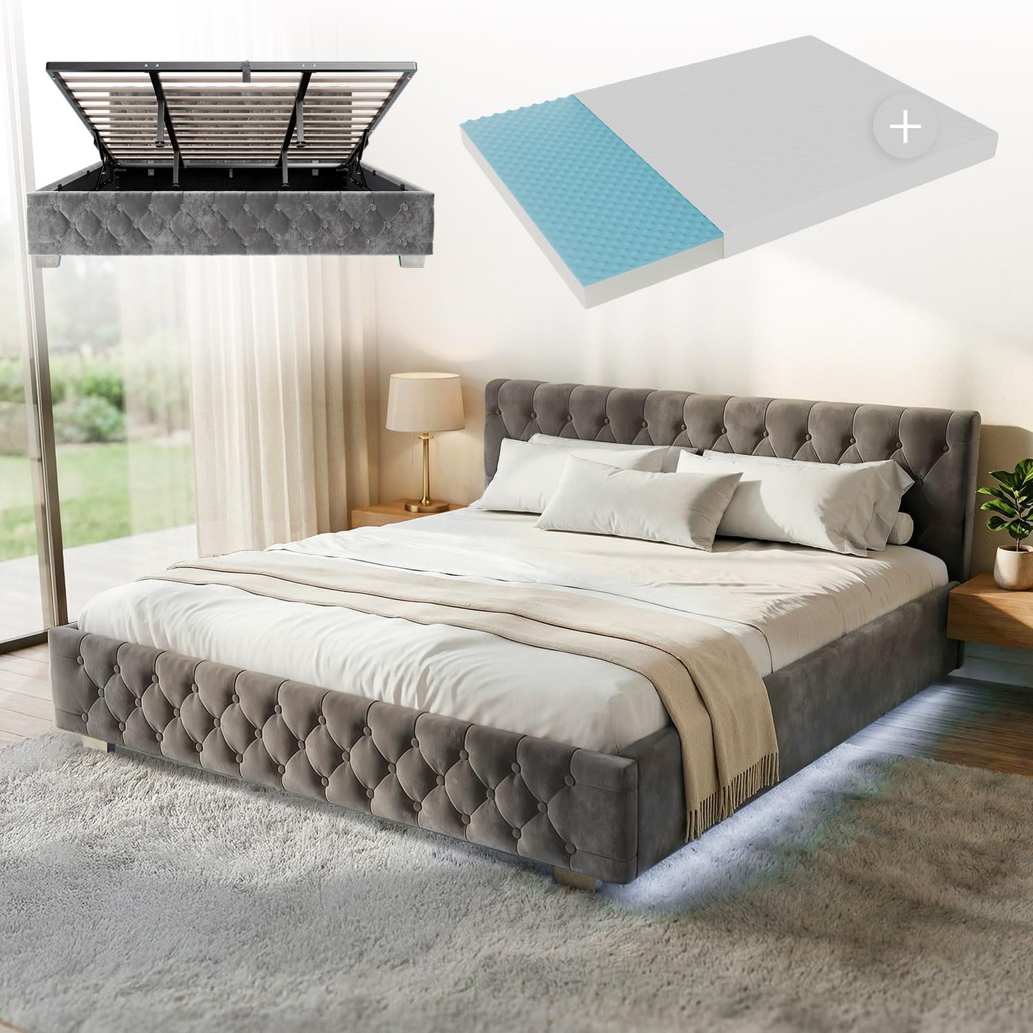 Juskys Polsterbett Nizza 180 × 200 cm mit Matratze, Grau, Bettgestell mit Lattenrost, Stauraum & LED Beleuchtung, Samtbezug, Chesterfield-Steppung