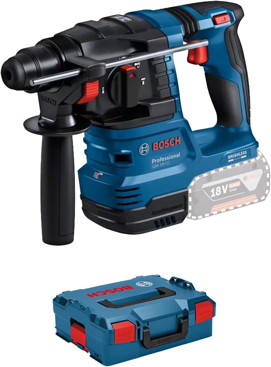 Bosch Professional 18 V System Akku Bohrhammer GBH 18 V-22, Ohne Akku/Ladegerät, Inkl. L-BOXX, Mit SDS Plus, Kickback und Vibration Control