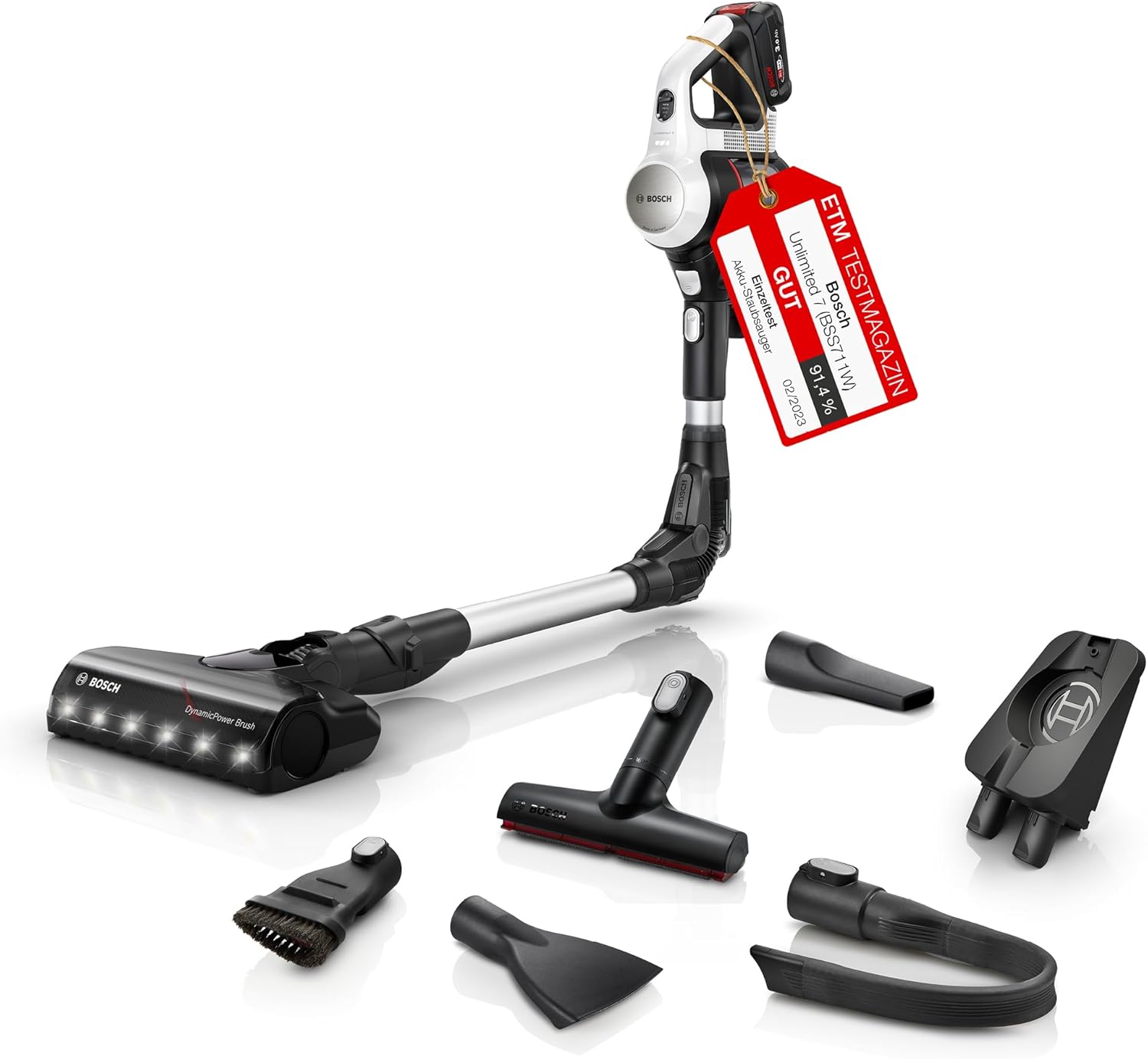 Bosch Akku-Staubsauger Unlimited 7 BSS711 W, Kabelloser Handstaubsauger, Beutellos, Wechselakku, Knickrohr, Hygiene-Filter, 10 Jahre Motorgarantie