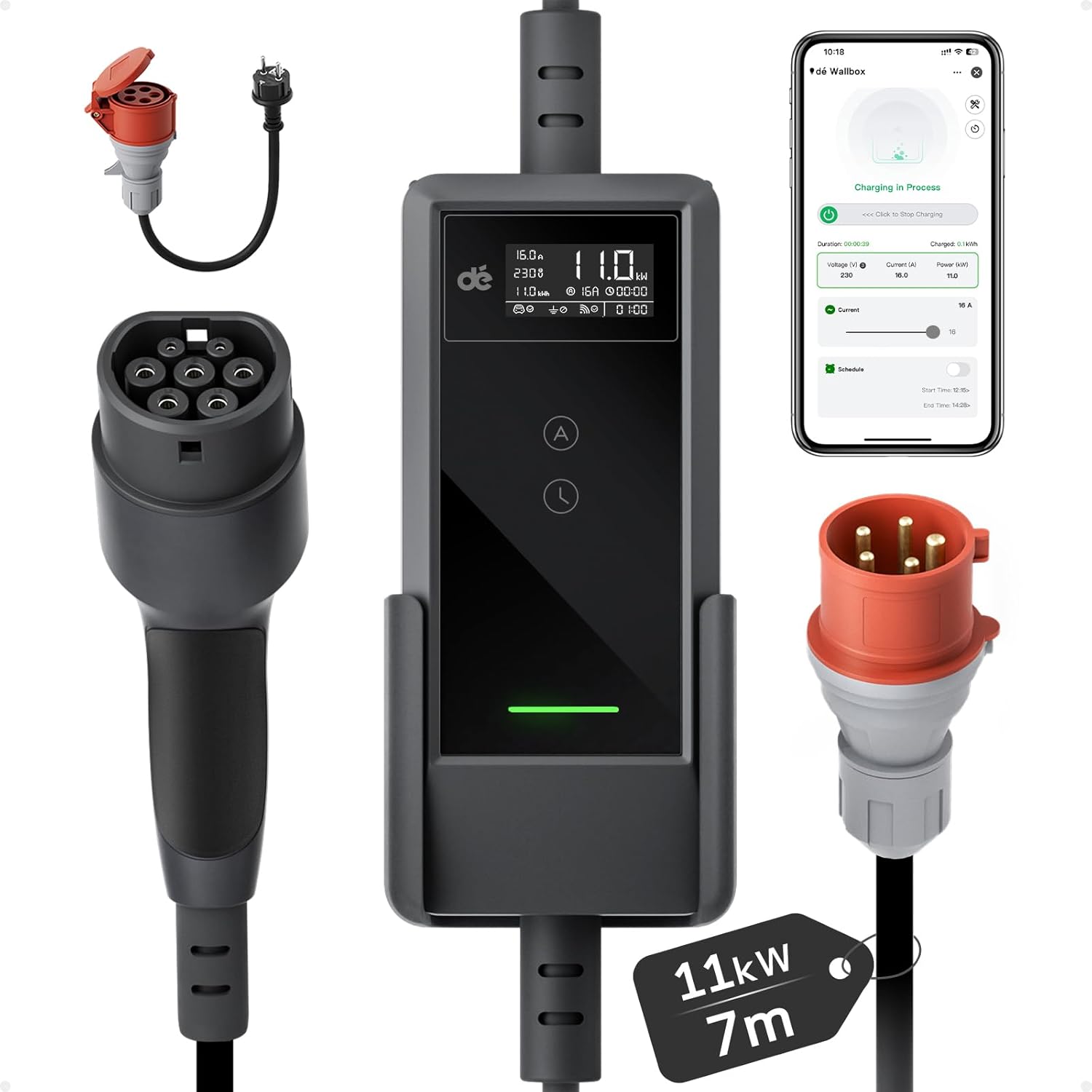 Dé Mobile Wallbox 11 kW mit APP 7 m, Ladekabel e Auto CEE-16A 400 V auf Typ 2 mit Einstellbarer Ladeleistung, IX1, 3-phasig, 6–16 A