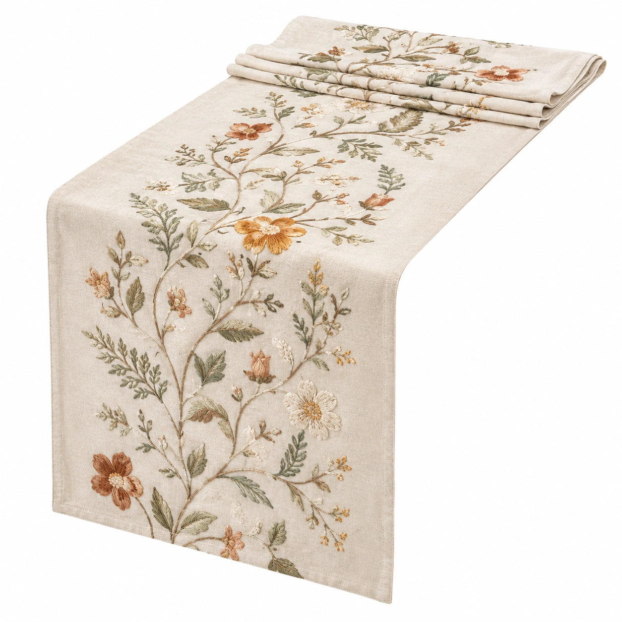 Bestickter Tischläufer mit Blumenmuster in Creme