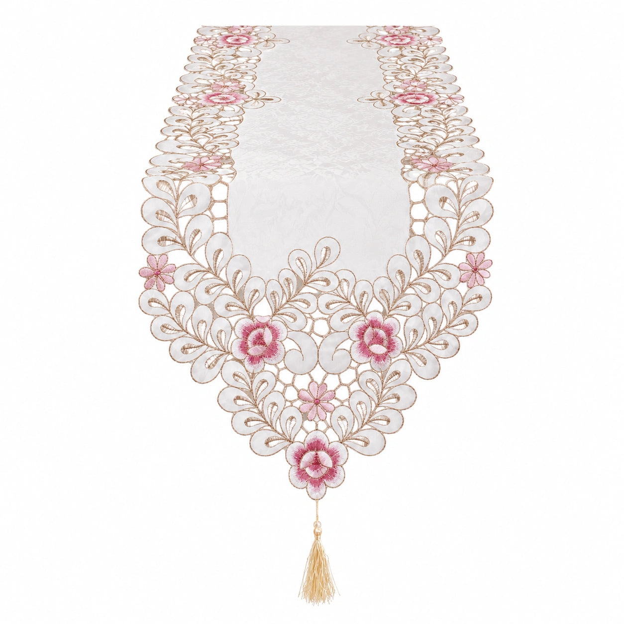 Eleganter Tischläufer mit Blumenmuster und Quasten Beige/Rosa 150x40cm