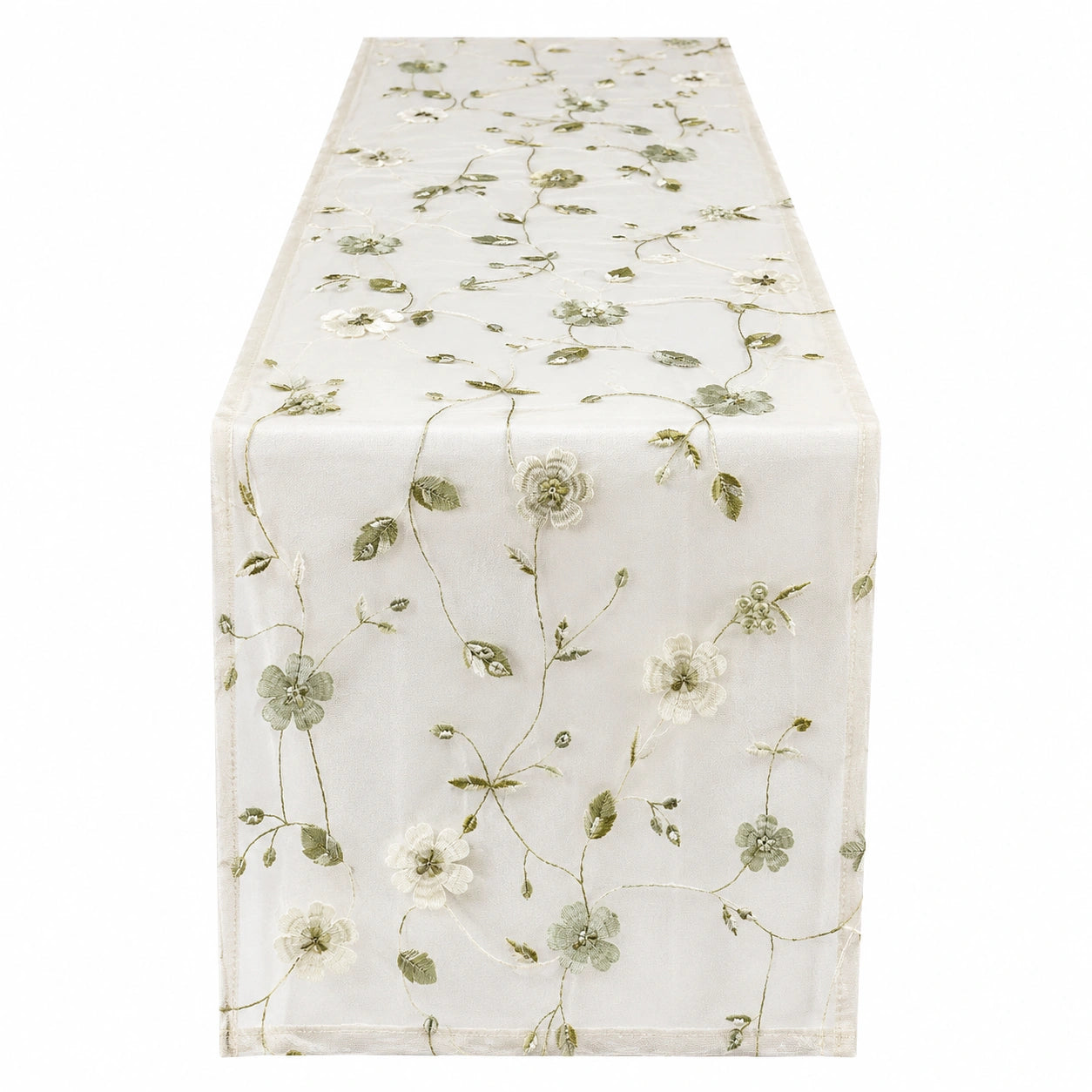 Eleganter Tischläufer 150x40cm mit Blumenstickerei in Creme/Grün