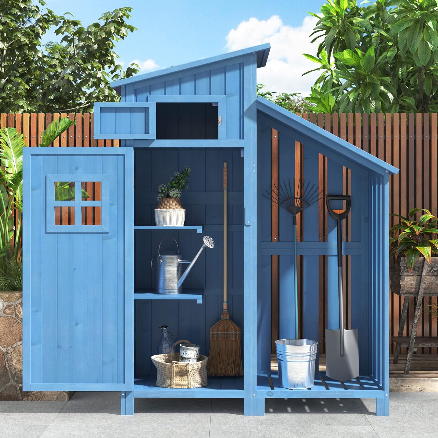 MYBOO Gerätehaus Gartenschrank Geräteschuppen mit Drehbarer Riegel, Pultdach und 2 Ablagen, 124 × 46 × 174 cm, massives Tannenholz, Wetterfest