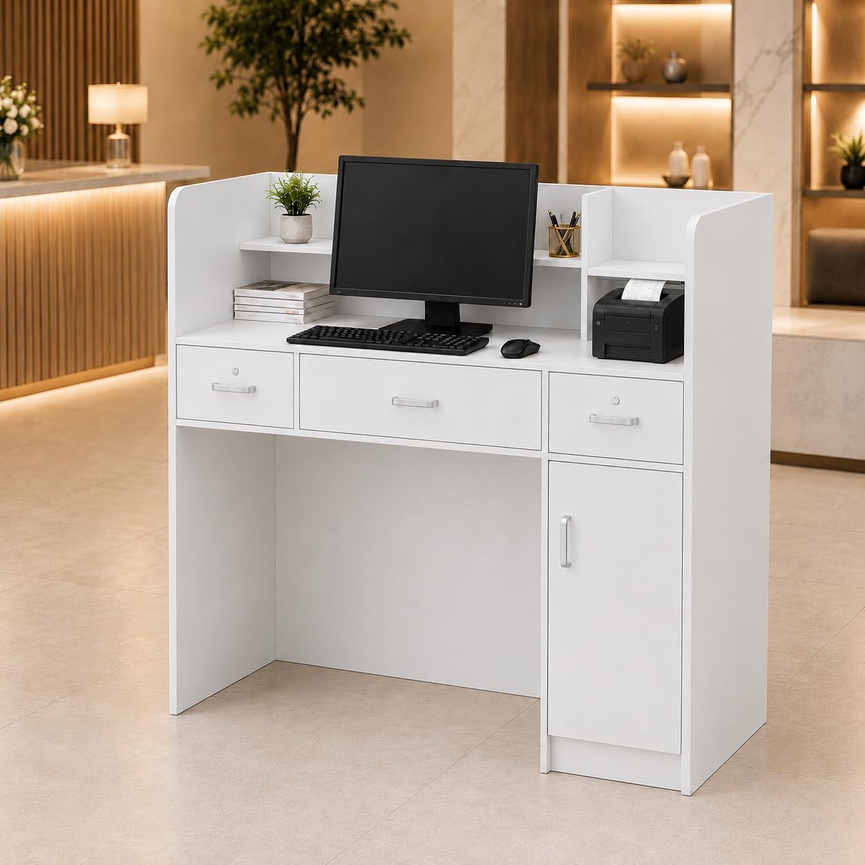 PREMTURE Empfangstheke, Empfangstresen, Bürotheke Tisch, Weiß 120 cm B x 48 cm T x 110 cm H, Hotelrezeptionen, Bekleidungsgeschäften, Stauraum
