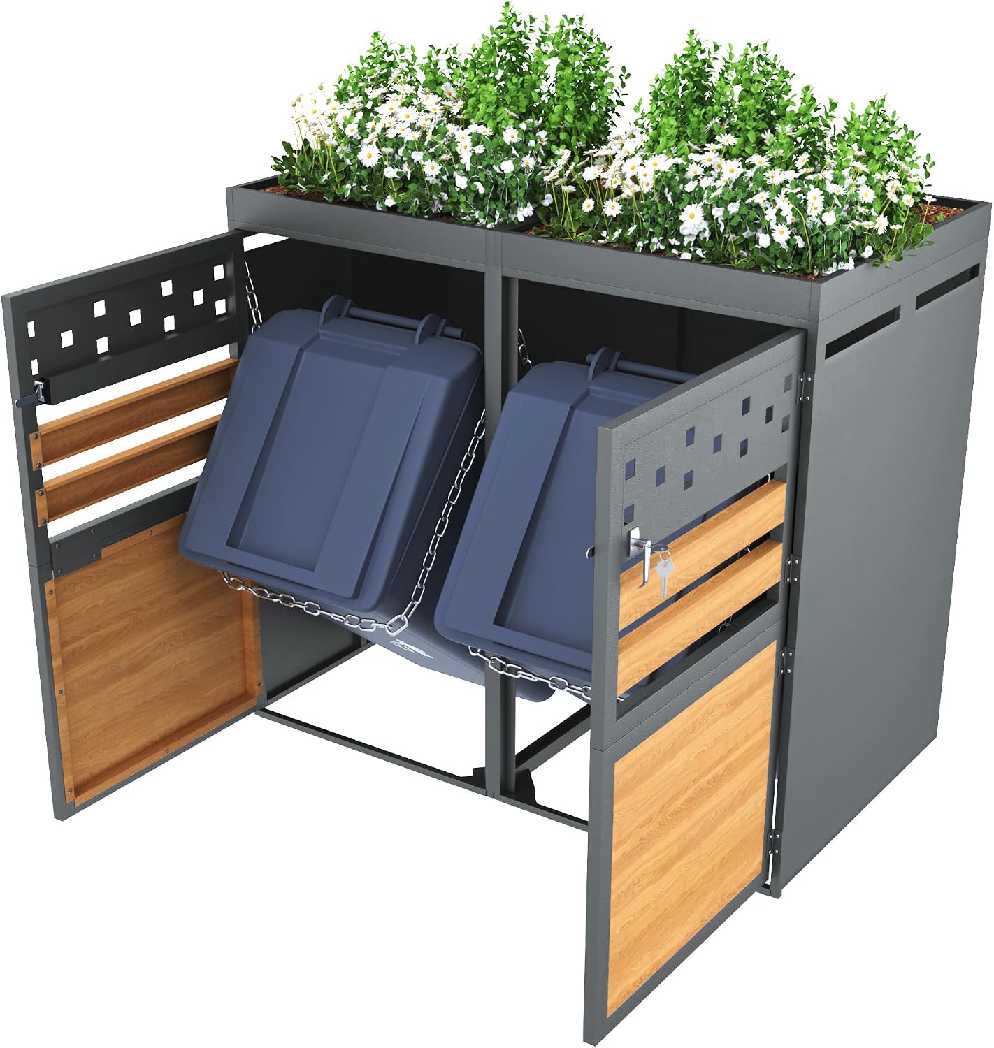 WEALTHKING Mülltonnenbox Metall für 2 Tonnen 120L-240L mit Pflanzdach Tisch, abschließbare Tür, Belüftungsschlitze, Schlüsselsystem, Anti-Kipp-Kette