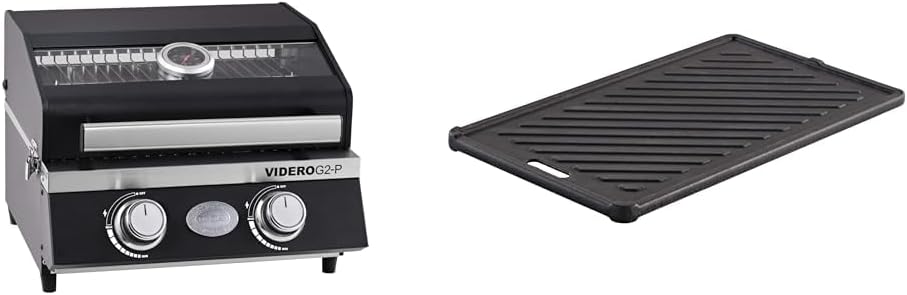 RÖSLE Gasgrill BBQ-Portable VIDERO G2-P tragbarer Tischgrill mit 2 Edelstahlbrennern & Grillplatte VIDERO G2-P Grillplatte aus Gusseisen für Fleisch