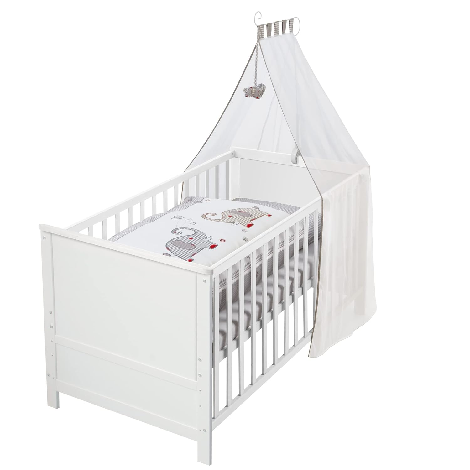 Roba Babybett Set Jumbotwins, Komplett inkl. Bettwäsche, 70 × 140 cm, Kinderbett mitwachsend / umbaubar, Himmel, Höhenverstellbar, Holz weiß