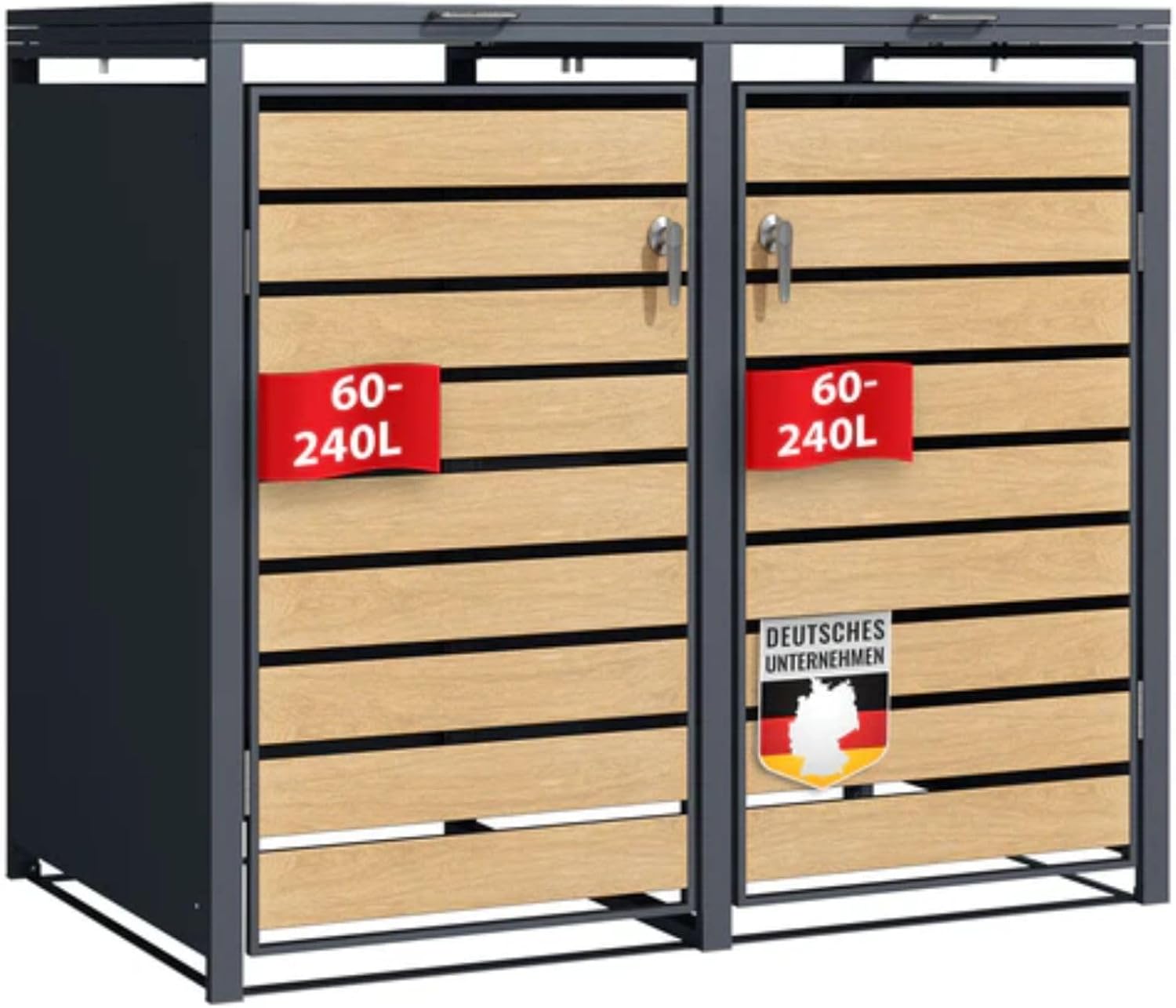 Floordirekt Mülltonnenbox 2er Mülltonnen für 60-240 l, Inkl. Erweiterungsmöglichkeit, Anthrazit mit Holzdekor, Mülltonnenverkleidung, Garten Müllbox