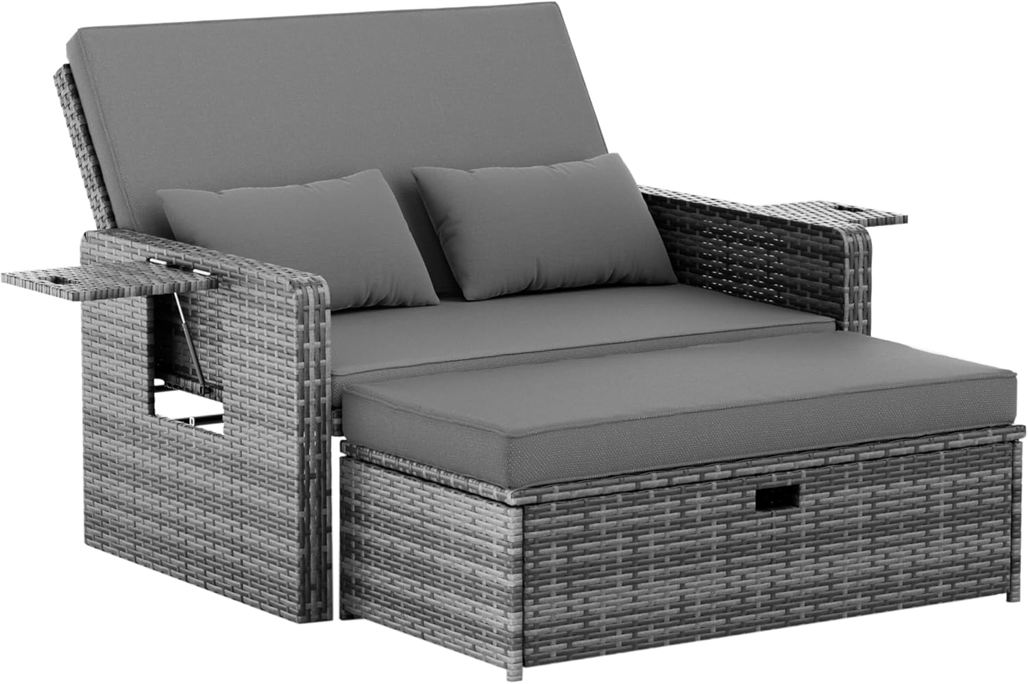 Amopatio Rattan Gartenlounge Outdoor Set, 2-Sitzer Gartensofa mit Auflagenbox & Verstellbarer Rückenlehne, Grey