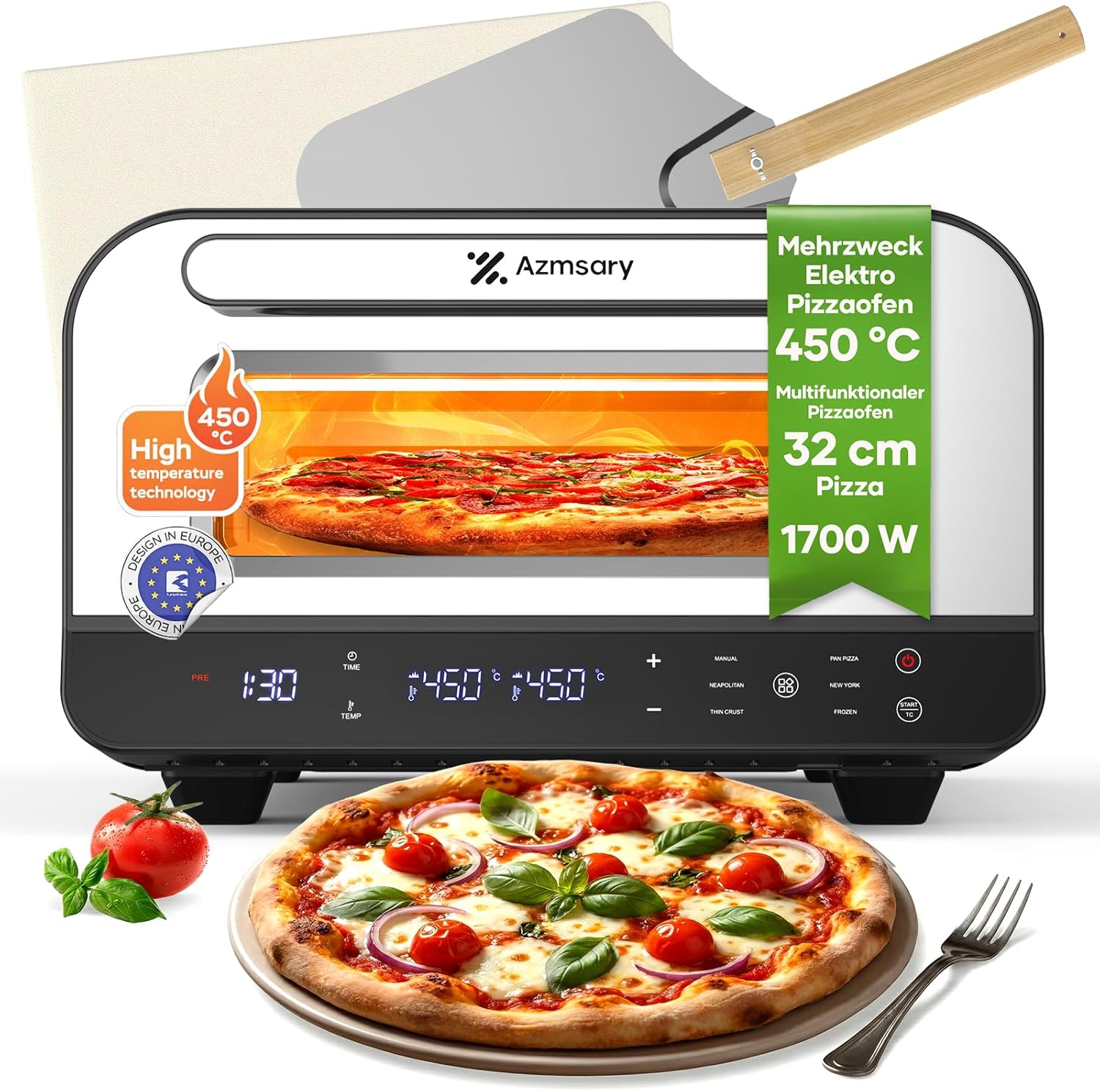 Azmsary Elektrischer Pizzaofen Grill, für 32 cm Pizzen, 5-in-1-Multifunktion: Pizza, 6 Programme, 1700W, max. 450°C, Timer, Backen und Kochen