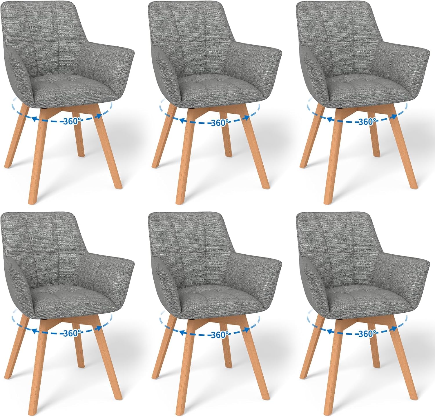 WAFTING 6er Set Drehbare Esszimmerstühle, 360° Drehstuhl mit Armlehnen Holzbeinen, Samtstoff Polsterstuhl für Esszimmer, Dunkelgrau