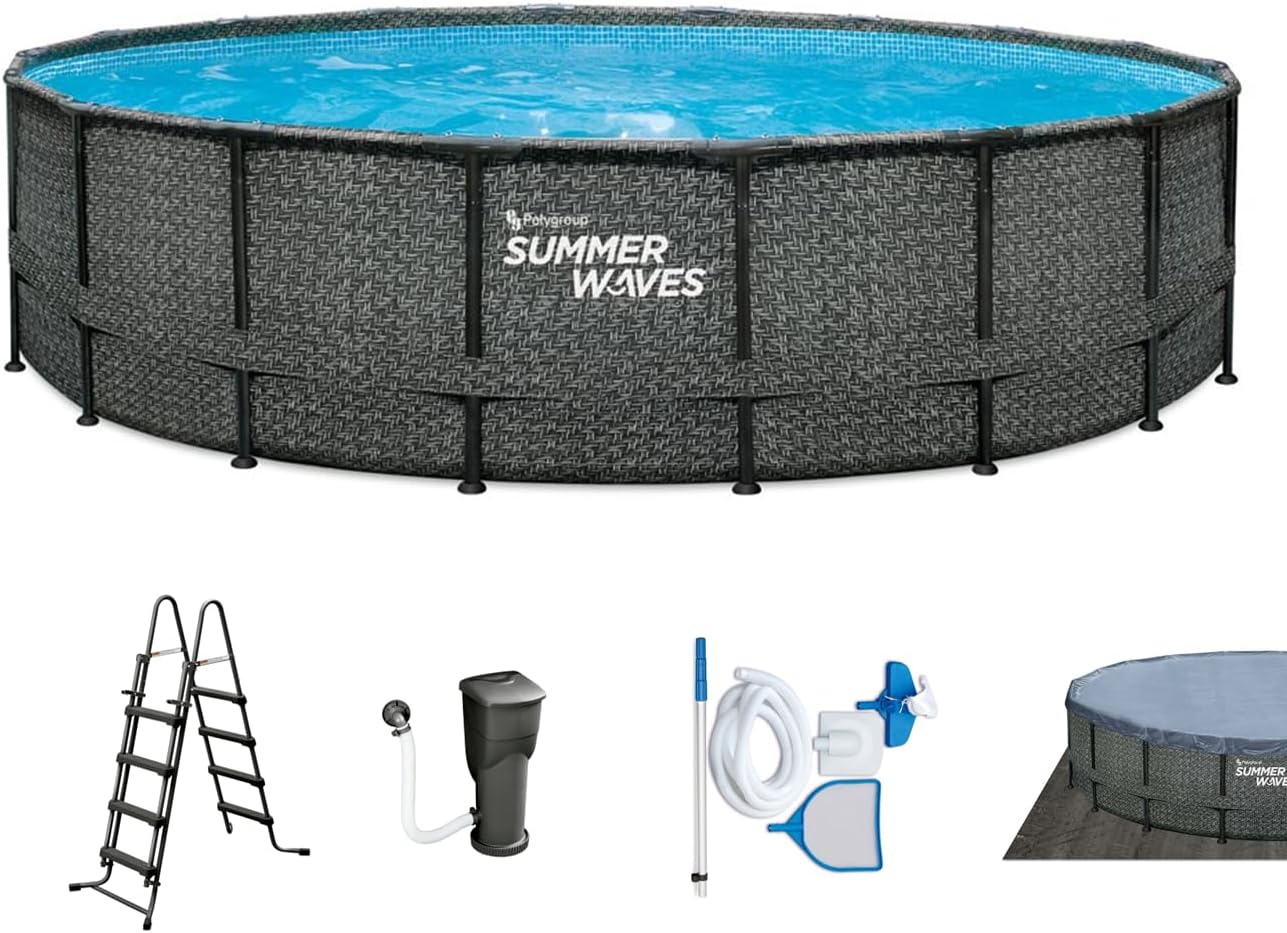 Summer Waves Frame Pool Komplettset, Rund 549 × 132 cm Rattan Optik Grau, Aufstellpool Set, Gartenpool & Schwimmbecken inkl. Filterpumpe