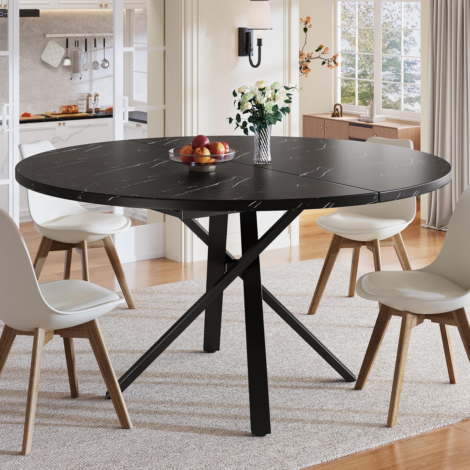 Merax Runder Esstisch Ausziehbar für 4-8 Personen, 100-140 cm, Schwarz, Moderner Esstisch Rund-Oval Esszimmertisch, Platzsparender Tisch für Esszimmer