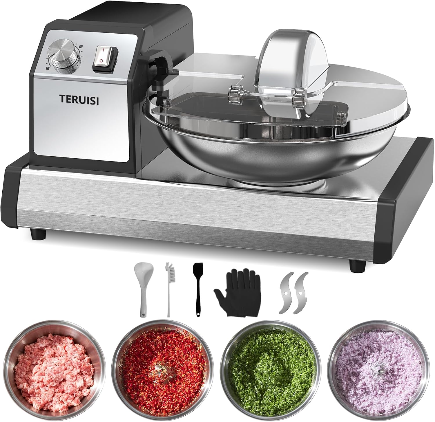 TERUISI Gewerbliche Küchenmaschine, 5, 7L Edelstahlschüssel & 0-15 Min Timer, 250W Schwerlast Fleischwolf mit 1500RPM, Schwarz/Silber, Metall