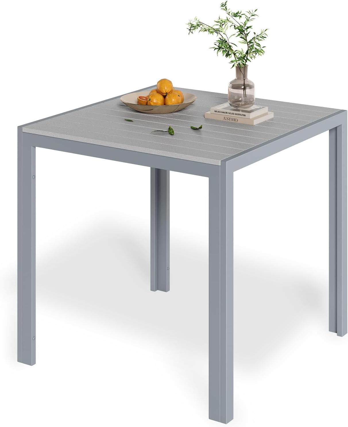 LIFERUN Gartentisch Aluminium, 75 × 75 cm WPC Balkontisch Wetterfest, Quadratischer Terrassentisch, Rutschfester Esstisch Outdoor, Teakbraun+Hellgrau