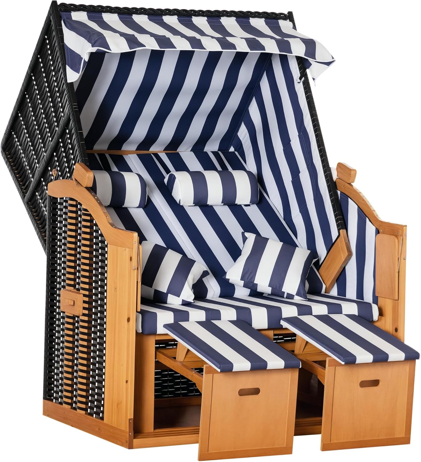 Outsunny Strandkorb Ostsee Volllieger 2-Sitzer Strandkörbe aus Tannenholz, Blau+Weiß, 5-stufige verstellbare Rückenlehne, PE Geflecht