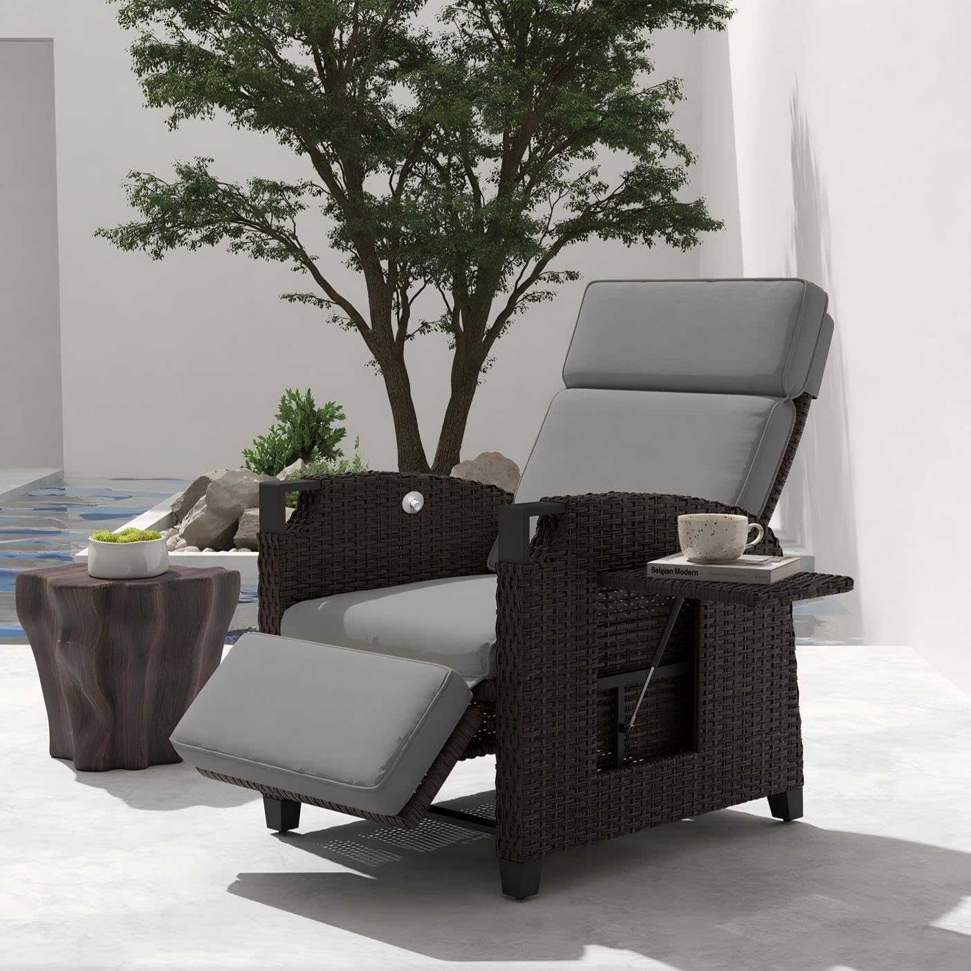 UDPATIO Liegesessel mit Sitzkissen Gartensessel Wetterfest 150° Verstellbare, Außeneinsatz- Grau Sitzkissen & Dunkelbraun Rattan