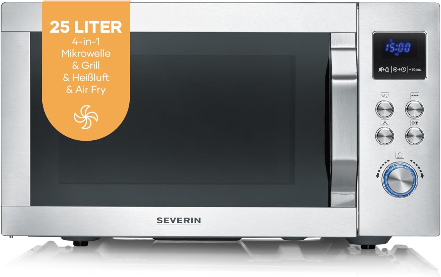 SEVERIN 4-in-1 Mikrowelle „Crispy Wave', Heißluft-Funktion bis 230 °C, Max. 2150 W Leistung, 25 l, Silber/Edelstahl, Backofen & Grill, 95 min Timer