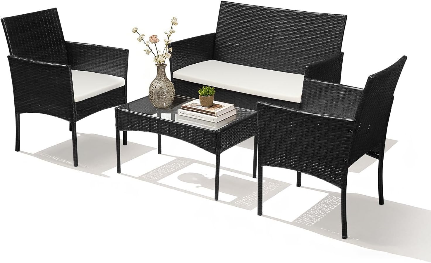 Ansobea Polyrattan Gartenmöbel-Set, für Garten Terrasse und Balkon, wetterbeständig, Schwarz/Weiß, Stauraum, Metall